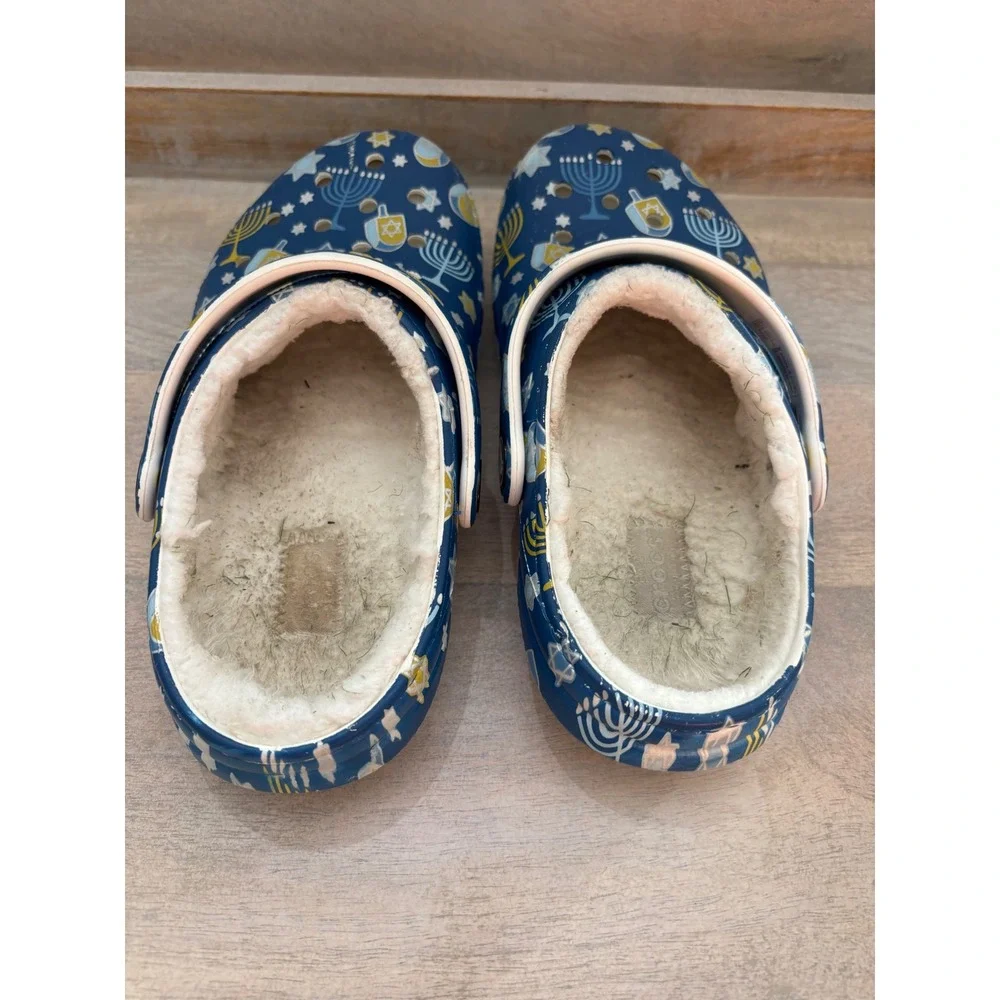 Crocs Hanukkah Classic Lined Clogs Navy Blue Menorah Dreidel Holiday Kids Sz 1